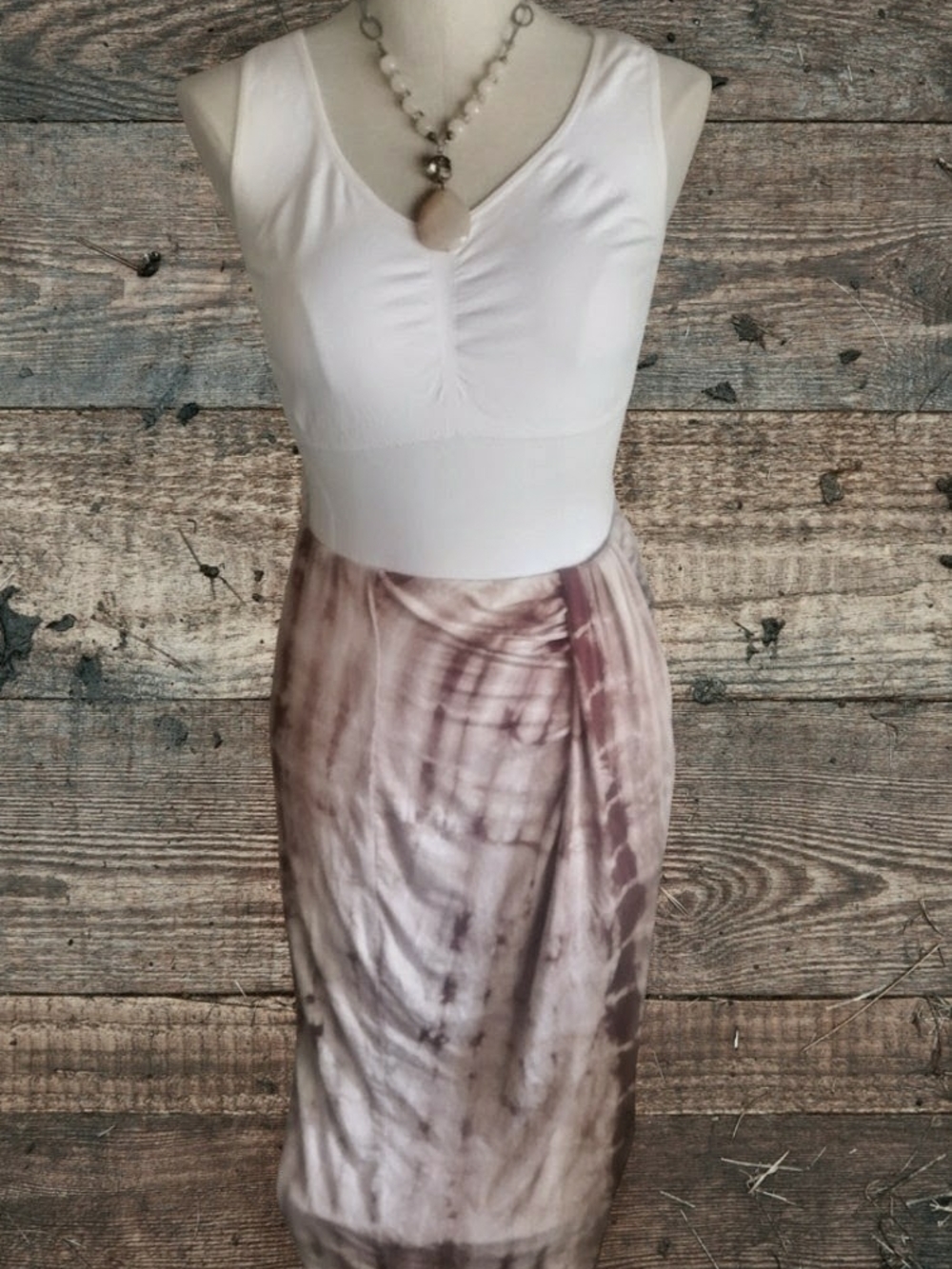 White Tank Top with Brown Hues Tie-Dye Midi Skirt